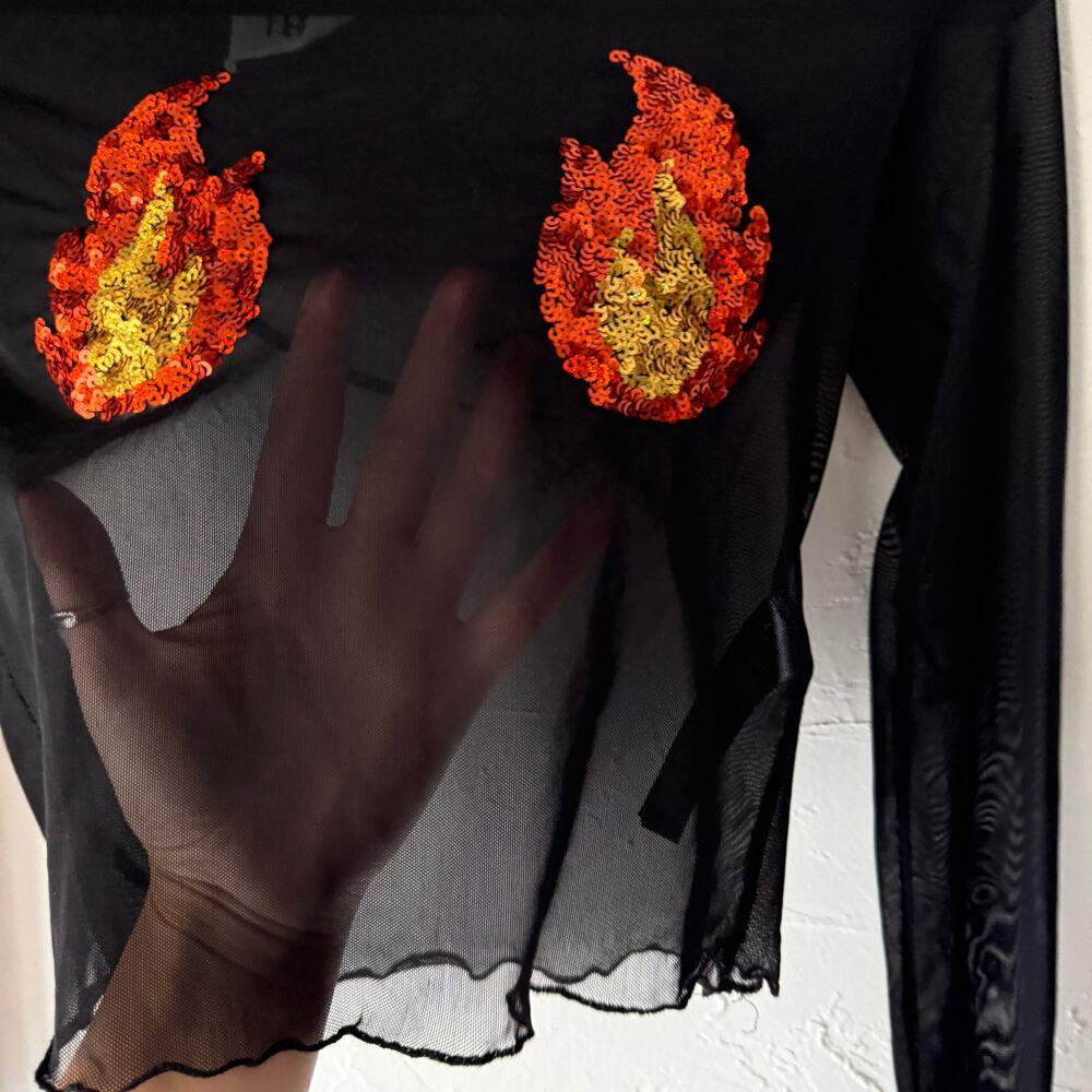 Topshop Tee and Cake Flame Sequin Sheer Mesh Top Size XS Rave Festival Y2K - Picture 3 of 7